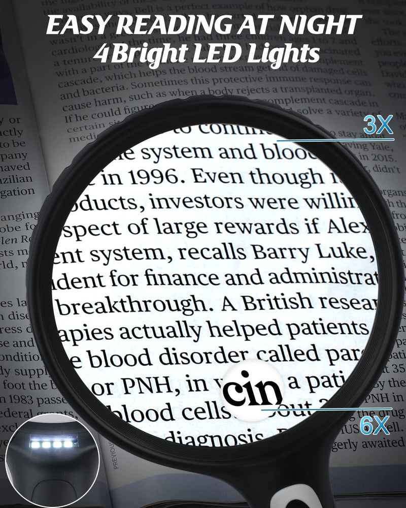 OBOVO Magnifying Glass with Light, 2X & 6X Large Handheld Reading Magnifying Glasses, 4 LED Illuminated Lighted Magnifier for Seniors Reading, Low Vision, Small Prints, Map, Stamps - NewNest Australia