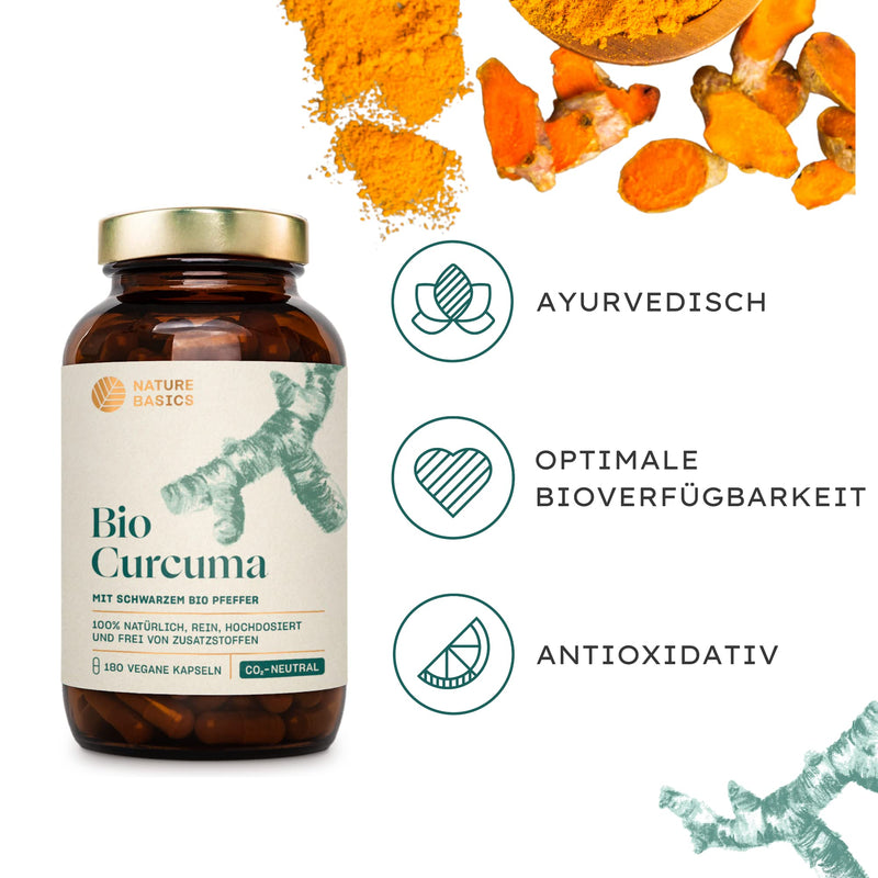 Nature Basics Organic Curcuma Capsules With Black Pepper | Certified & Sustainable In A Glass | Organic Turmeric Capsules 4575Mg / 228Mg Curcumin & 15Mg Piperine | Vegan, Laboratory Tested, From De & Co2 Neutral - NewNest Australia