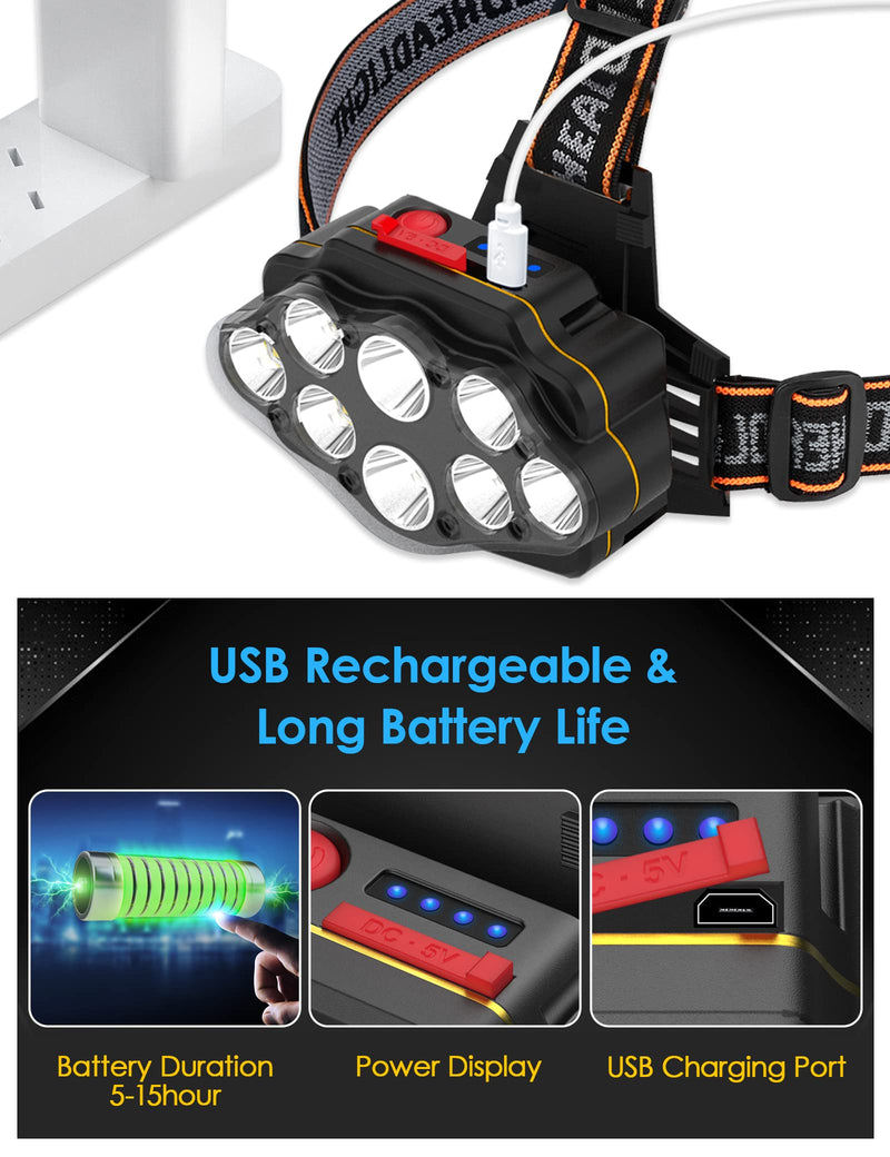 8 LED Headlamp Rechargeable, Lsnisni Super Bright 8000Lumen Head Light, 5-15 Hours Runtime, 4 Modes, Lightweight & Waterproof USB Headlight, Perfect for Adults Work Outdoor Camping - NewNest Australia