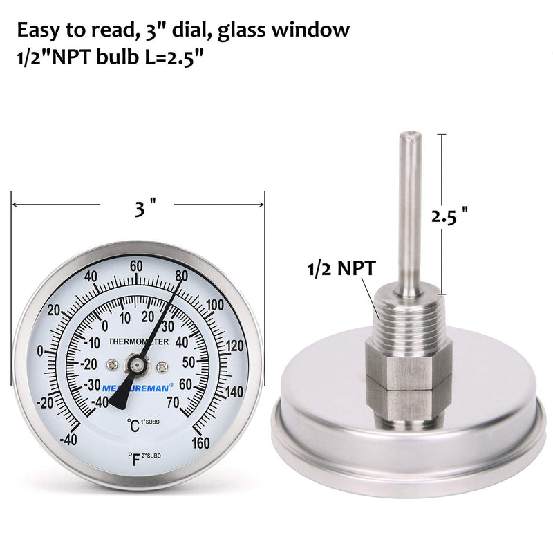 Measureman Fully Stainless Steel Pot, Kettle, Brewing Bimetal Dial Thermometer, 3" Dial, 2-1/2" Stem, -40-160 deg F/-40-70 deg C, +/-1% Accuracy, Adjustable, 1/2" NPT Back Mount -40-160 ℉/ ℃ 2.5" Stem - NewNest Australia
