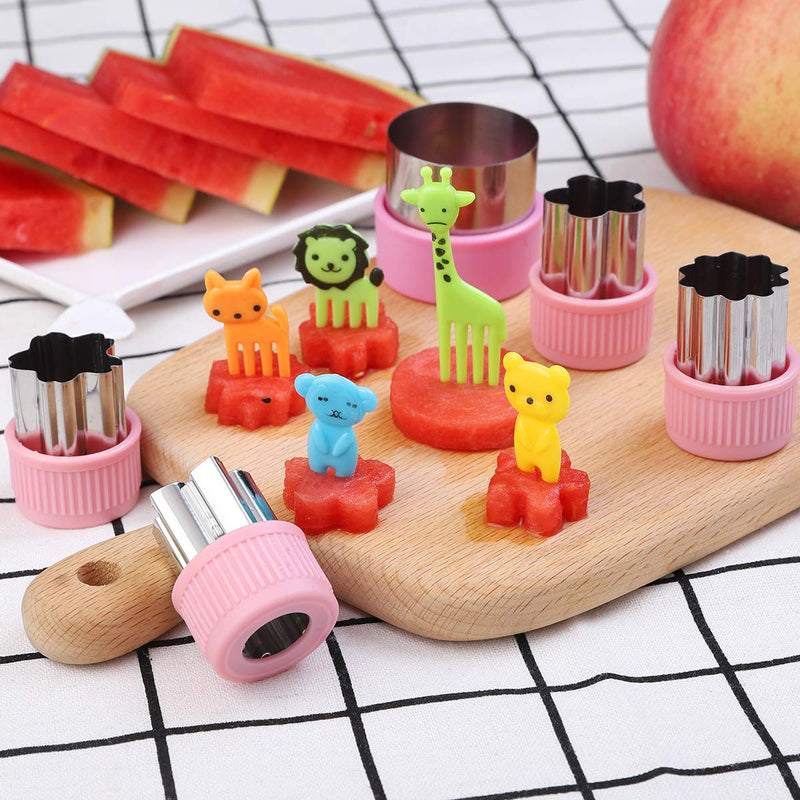 NewNest Australia - Vegetable Cutters Shapes Set, 20pcs Stainless Steel Mini Cookie Cutters, Vegetable Cutter and Fruit Stamps Mold + 20pcs Cute Cartoon Animals Food Picks and Forks -for Kids Baking and Food Supplement 