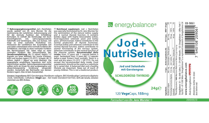 EnergyBalance Iodine + NutriSelenium - Thyroid Complex Capsules - Barley Grass Thyroid - Thyroid Support - Vegan, Gluten-Free, No Additives - 120 VegeCaps of 155 mg each - NewNest Australia