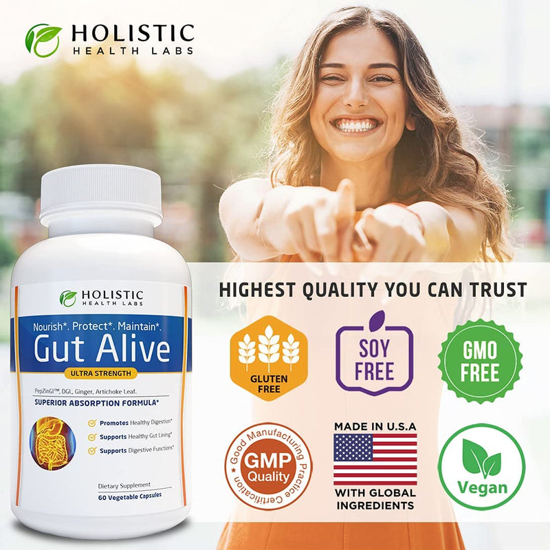 Holistic Health Labs Gut Alive - For Leaky Gut with Zinc Carnosine, Ginger Root, Artichoke Leaf Extract & Licorice (DGL). Supports IBS, Heartburn, Bloating, Gas, Constipation. 60 Capsules. - NewNest Australia