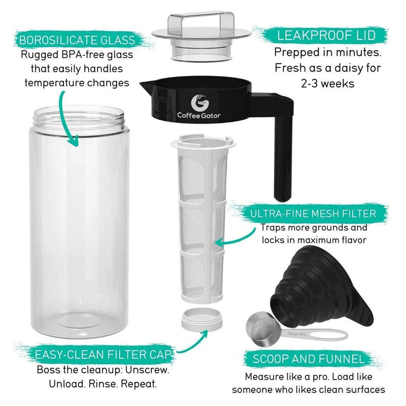 Coffee Gator Cold Brew Coffee Maker - BPA-Free Filter and Glass Carafe - Brewing Kit with Stainless Steel Measuring Scoop and Collapsible Loading Funnel - Black - 1.4 Litre - NewNest Australia