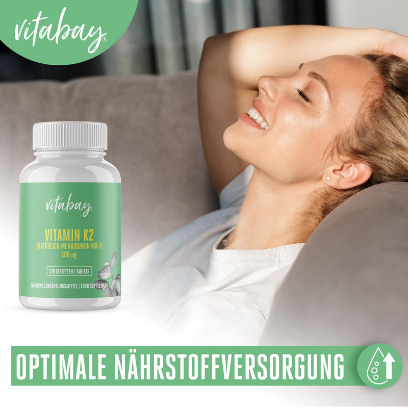 Vitabay Vitamin K2 100 µg high dose (mcg) - VEGAN 120 Vitamin K2 tablets MK7 MK-7 made from natural ingredients and laboratory tested - Vit K2 Vitamin K 2 (Menaquinone-7) All-Trans Form K2 Vitamin Vitamin-k2 120 pieces (pack of 1) - NewNest Australia