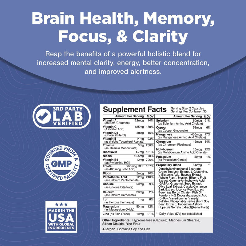 Nootropics Brain Supplement Support - Memory Booster for Mind Focus - DMAE Pills for Concentration Improve Brain Function Neuro & IQ with Bacopa Monnieri and L-Glutamine for Men and Women 60 Count (Pack of 1) - NewNest Australia