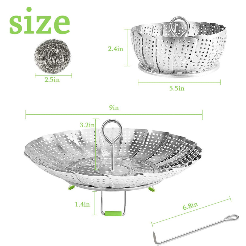 Vegetable Steamer Basket,Stainless Steel Folding Steamer Basket Insert for Cooking Veggies/Fish Seafood/Boiled Eggs with Safety Tool,Adjustable Sizes to fit Various Pots(5.5" to 9") 5.5" to 9" - NewNest Australia