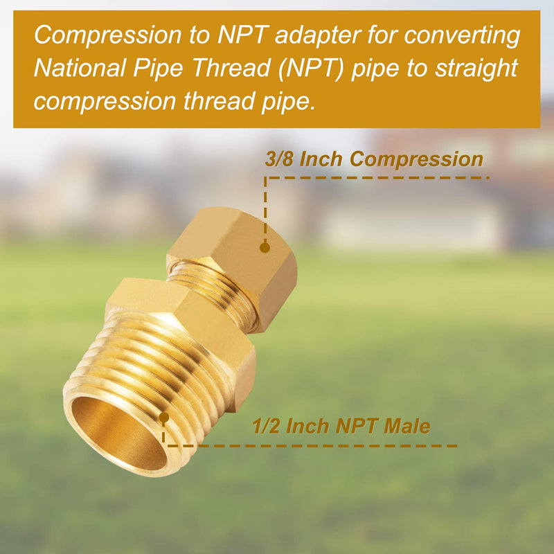 SUNGATOR 2-Pack Straight Coupling Adapter, Lead Free Brass Compression Tube Pipe Fitting Connector, 3/8" OD x 1/2" NPT Male with an Extra Sealing Tape - NewNest Australia