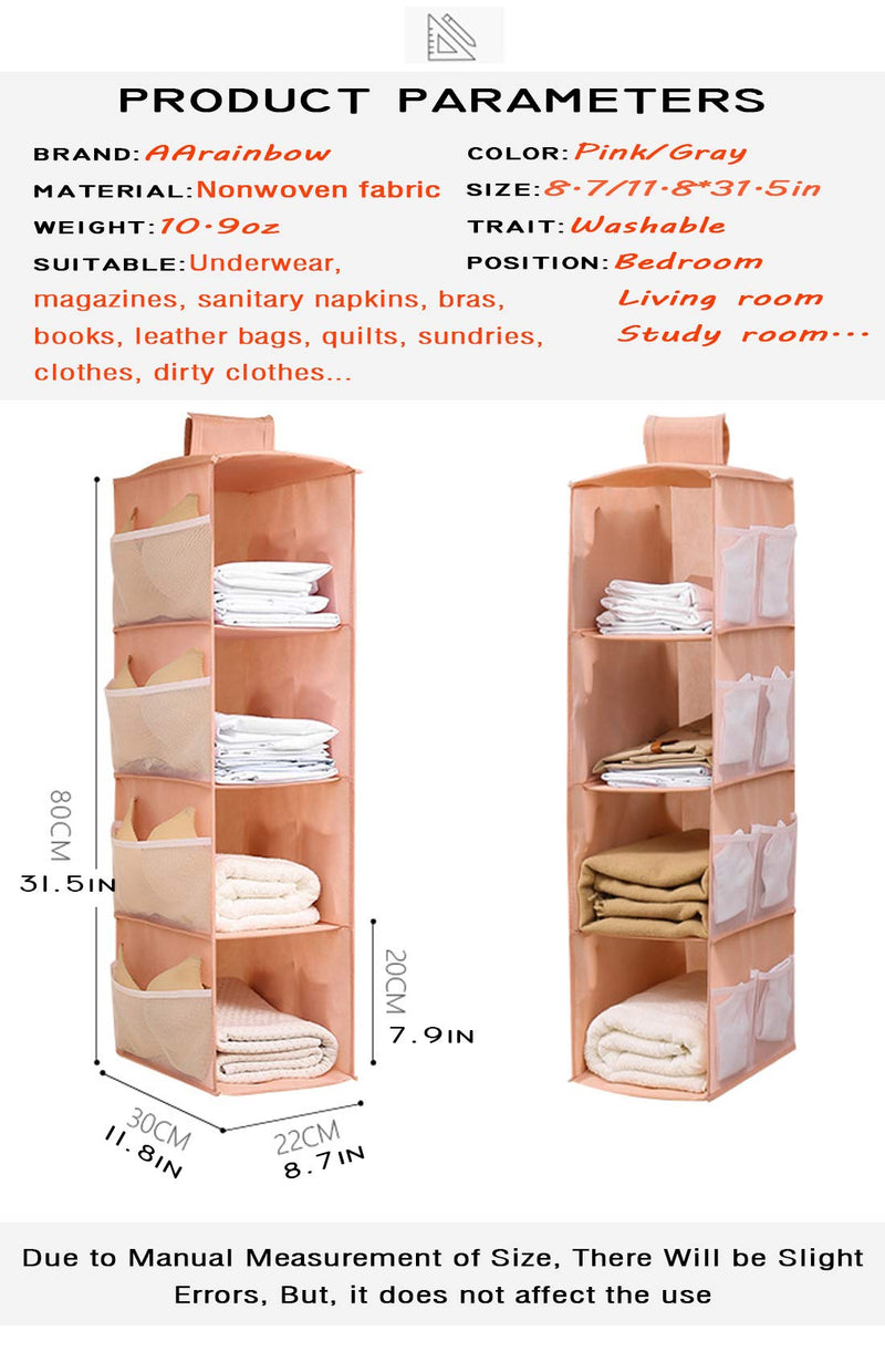 NewNest Australia - AARainbow 4 Shelf &12 Pockets Hanging Closet Organizer,Foldable Closet Hanging Shelves,Polyester Fabric Closet Organizer,Collapsible Storage Shelves for Clothes, Pants and Shoes (Pink) Pink 