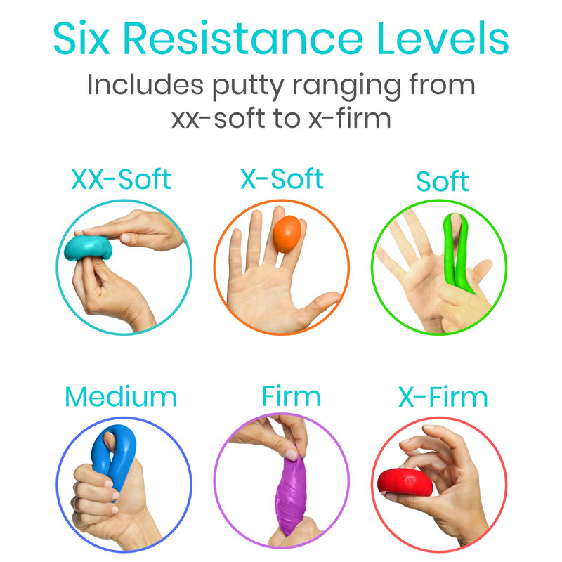 Vive Exercise Putty (6-Pack) - Therapeutic, Occupational and Therapy Tool - Thinking and Stress - Finger, Hand Grip Strength Exercises - Extra Soft, Soft, Medium, Firm Sensory Kit - Squeezable Ball - NewNest Australia