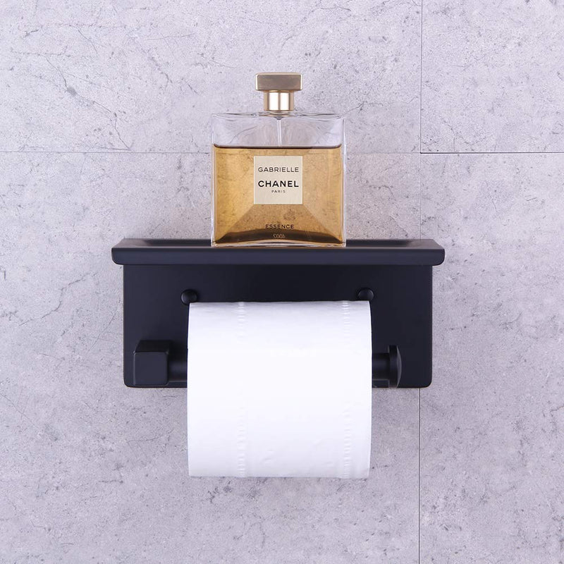 GERZWY Bathromm Toilet Paper Roll Holder with Shelf SUS 304 Stainless Steel Paper Towel Dispenser Tissue Hanger Wall Mounted Matte Black - NewNest Australia