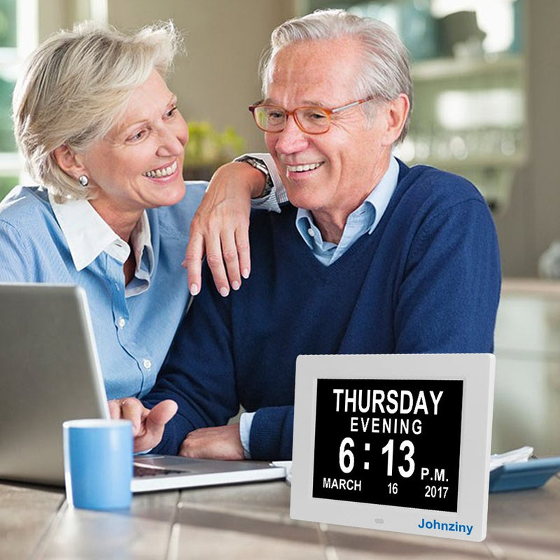 NewNest Australia - Johnziny Digital Calendar Day Clock- 8 Alarms Dementia Clocks Extra Large Non-Abbreviated Alzheimer Memory Loss Vision Impaired Battery Backup Alarm Clock for Seniors Elderly 8" White 