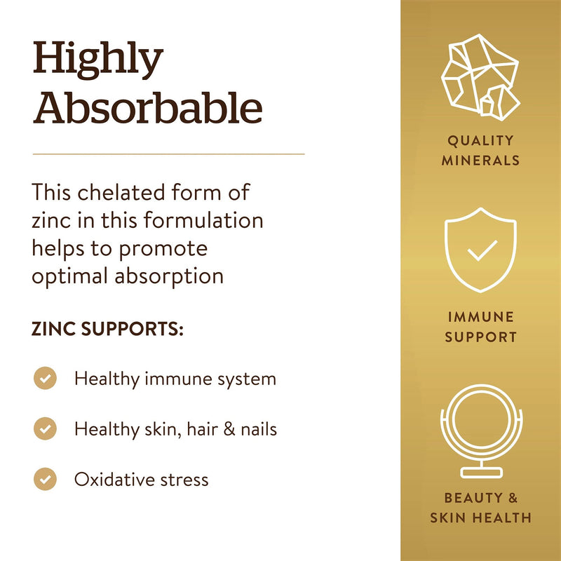 Solgar Chelated Zinc, 100 Tablets - Zinc for Healthy Skin - Supports Cell Growth & DNA Formation - Exerts Antioxidant Activity - Supports A Healthy Immune System - Non GMO, Gluten Free - 100 Servings 100 Count (Pack of 1) Standard Packaging - NewNest Australia