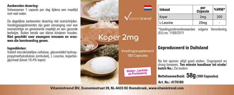 Copper capsules - 2mg - high dosage - vegan - 180 capsules - for hair pigmentation | Vitamintrend® - NewNest Australia