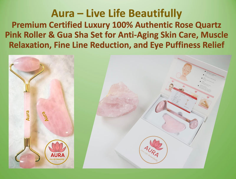 Aura - Live life beautifully Premium Certified Luxury 100% Authentic Rose Quartz Pink Roller & Gua Sha Set for Anti-Aging Skin Care, Muscle Relaxation, Fine Line Reduction, and Eye Puffiness Relief - NewNest Australia