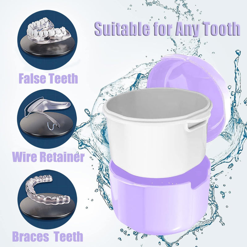Denture Brush Set, Denture Container, Denture Bath Box, Denture Box With Mirror, With 2 X Aligner Removal Tools For Braces Or Dentures, Cleaning And Storing For Travel, Purple - NewNest Australia
