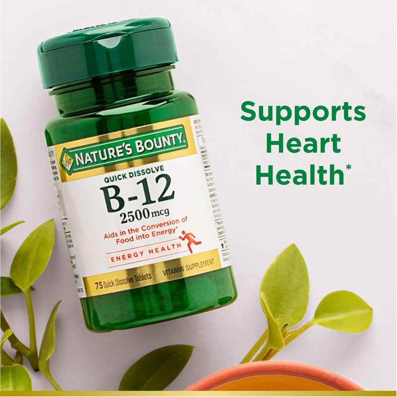 Nature’s Bounty Vitamin B12 2500 mcg, Cellular Energy Support, For Energy Metabolism, Heart & Nervous System Health, 75 Quick Dissolve Tablets - NewNest Australia