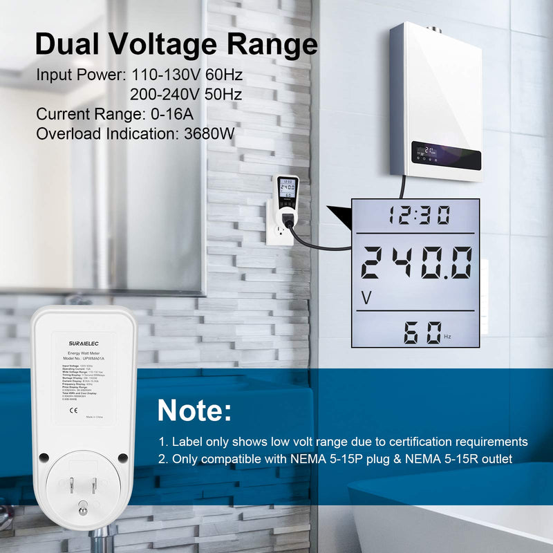 Suraielec Watt Meter, Plug-in Socket Power Meter, Auto Cost Calculator, Backlit Large Display, Overload Protection, Kilowatt Wattage Voltage AMP Tester, Electricity Usage Electrical Energy Monitor - NewNest Australia