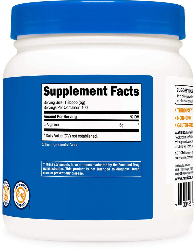 Nutricost L-Arginine Powder 500 Grams (1.1lbs) - Pure L-Arginine Powder - 5000mg Per Serving; 100 Servings 1.1 Pound (Pack of 1) - NewNest Australia