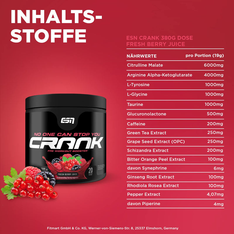 ESN Crank, Fresh Berry Juice, 380g, complete pre-workout booster 380 g (pack of 1) - NewNest Australia