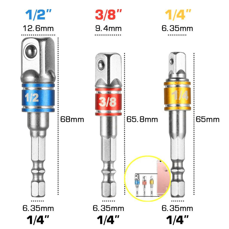 Impact Grade Socket Adapter/Extension Set Turns Power Drill Into High Speed Nut Driver,1/4-Inch Hex Shank to Drive for Adapters to Use with Drill Chucks, Sizes 1/4" 3/8" 1/2", Cr-V, 3-Piece 3pcs-colour - NewNest Australia