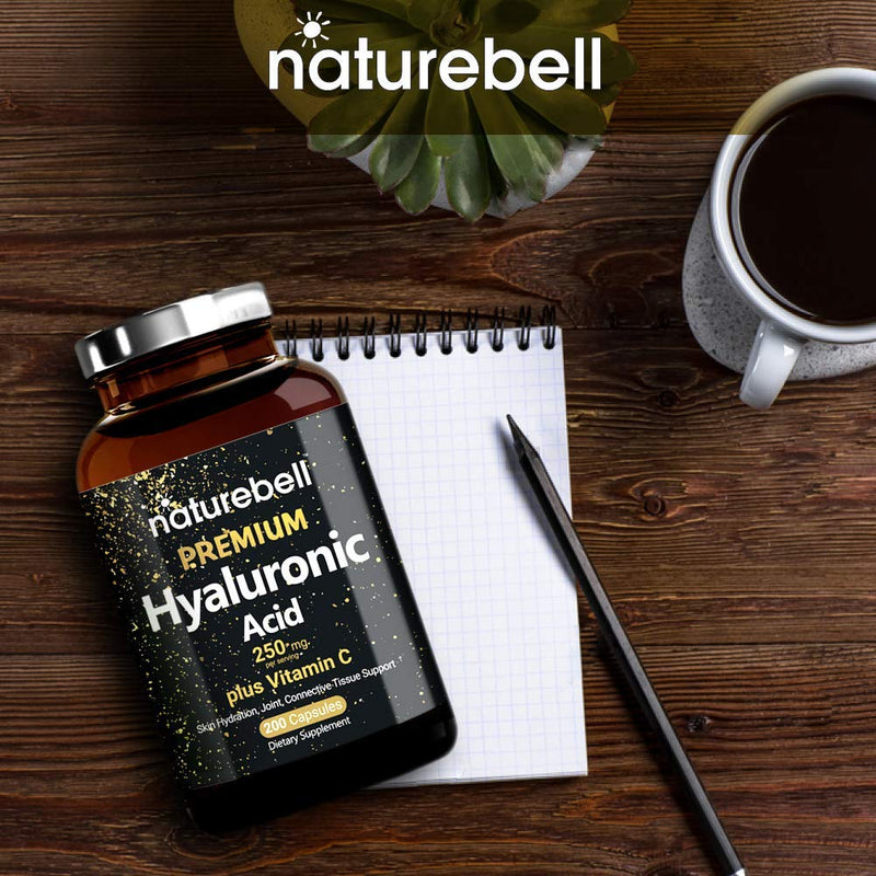 NatureBell Plant Based Hyaluronic Acid Supplements, 250mg Hyaluronic Acid with 25mg Vitamin C Per Serving, 200 Capsules, 2 in 1 Formula, Supports Skin Hydration, Joints Lubrication and Antioxidant - NewNest Australia