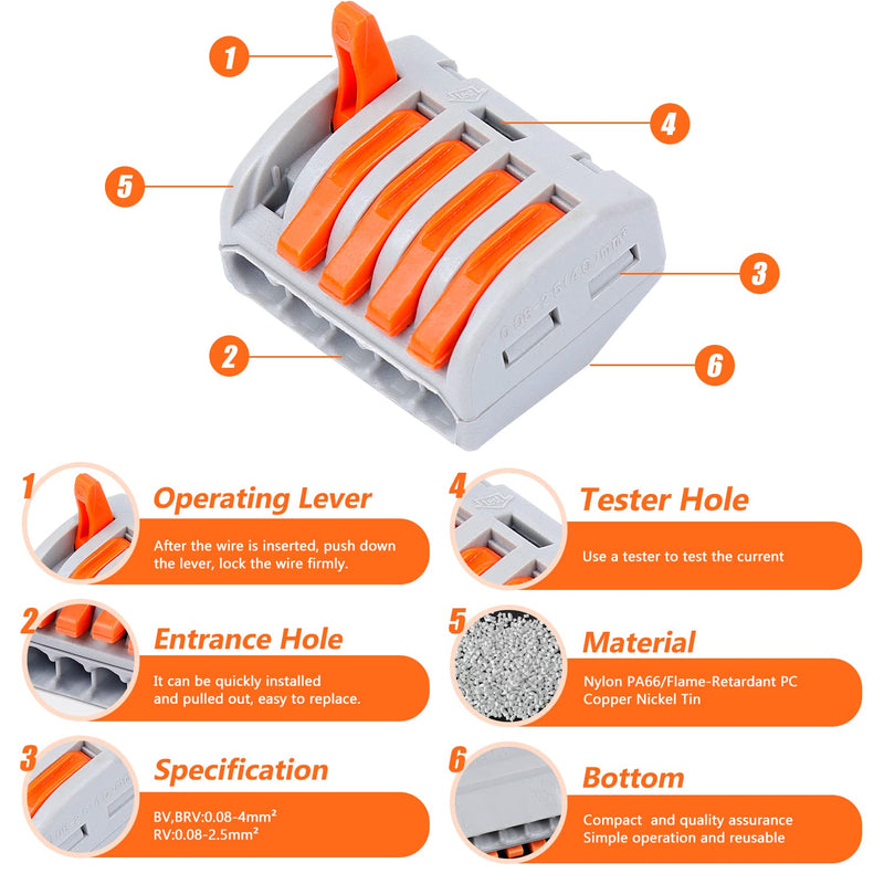 Delgada Compact Lever Wire Connector kit,100PCS Reusable 2/3/4/5 Port Push-in Nut Conductor Wiring Terminals kit for Stranded Solid&Flexible Wires,Universal Quick Splicing Wire Connectors 100PCS - NewNest Australia