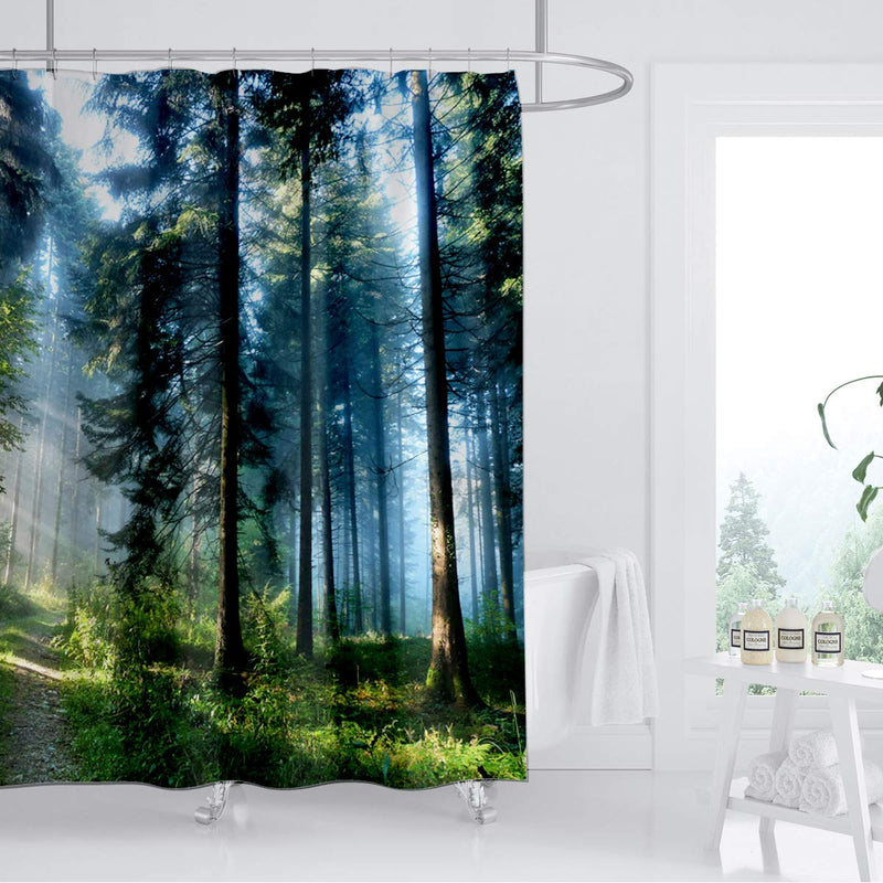 Trees Forest Sunlight Shower Curtain Straight Tall Trees Sunshine Attractive Nature Landscape Waterproof Fabric Bathroom Decor 72x72 Inch Green Plastic Hooks 12 PCS 72L*72W - NewNest Australia