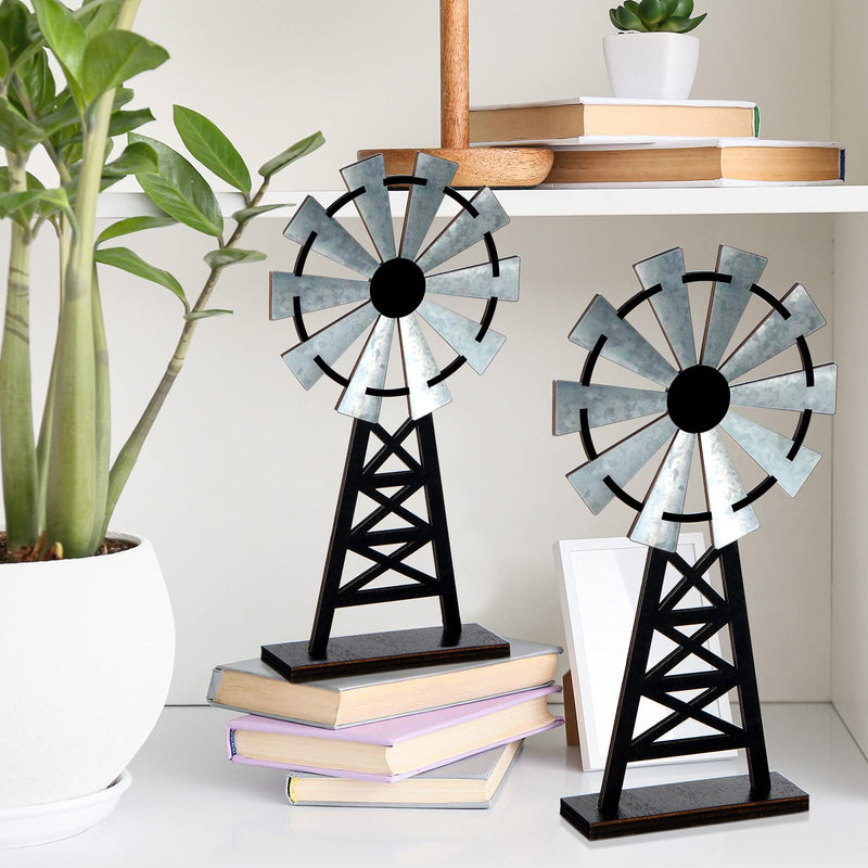 Set of 2 Wooden Farmhouse Windmill Table Top Decor Wood Small Distressed Windmill Table Decor Black Grey Rustic Windmill Themed Table Decor for Kitchen Garden Home Decor - NewNest Australia