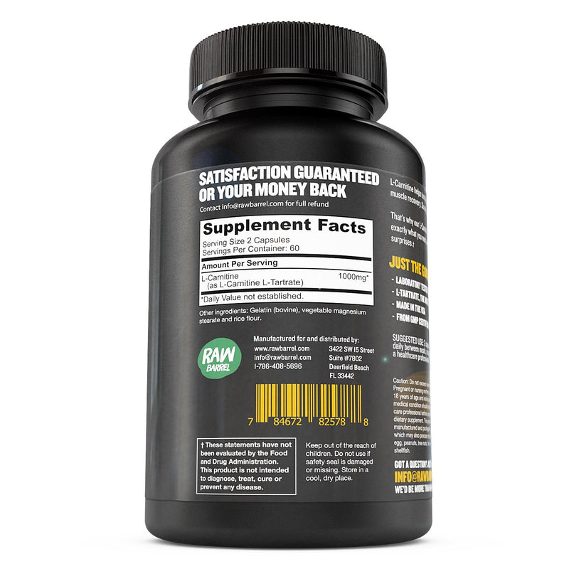 L-Carnitine Capsules, L-Tartrate - Pure, Natural, Extra Strength Supplement for Men and Women – Boost Energy, Performance, Metabolism and Support Heart Health - 500 mg, 120 Pills - by Raw Barrel - NewNest Australia