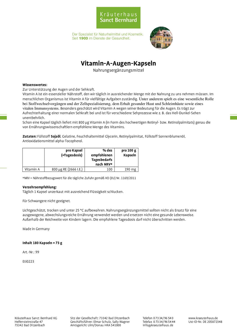 Sanct Bernhard Vitamin A eye capsules with 800 µg vitamin A, 180 capsules - NewNest Australia