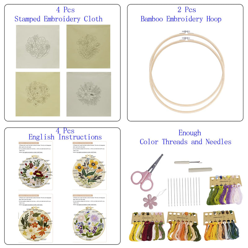 4 Sets Embroidery Kit for Beginners,Embroidery Kit for Art Craft Handy Sewing Include Embroidery Clothes with Pattern,Embroidery Hoops, Instructions,Color Threads Needle Kit Multi 1 - NewNest Australia