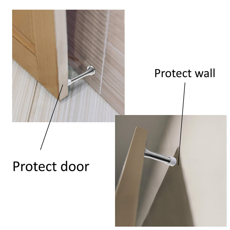 Kare & Kind 4X Spring Door Stoppers (Silver) - Screw-in Flexible Steel Stoppers with White Rubber Bumper Tips - Protect Walls from Bumps, Marks and Damages - Kid and Pet Safe - for Homes, Offices - NewNest Australia