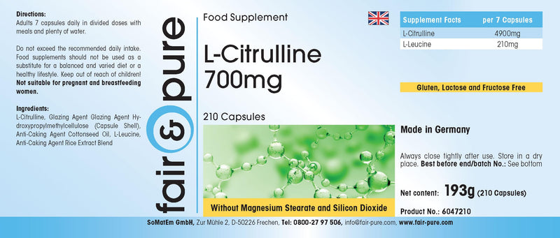 Fair & Pure® - L-citrulline capsules 700mg - vegan - amino acid - without magnesium stearate - 210 capsules - NewNest Australia
