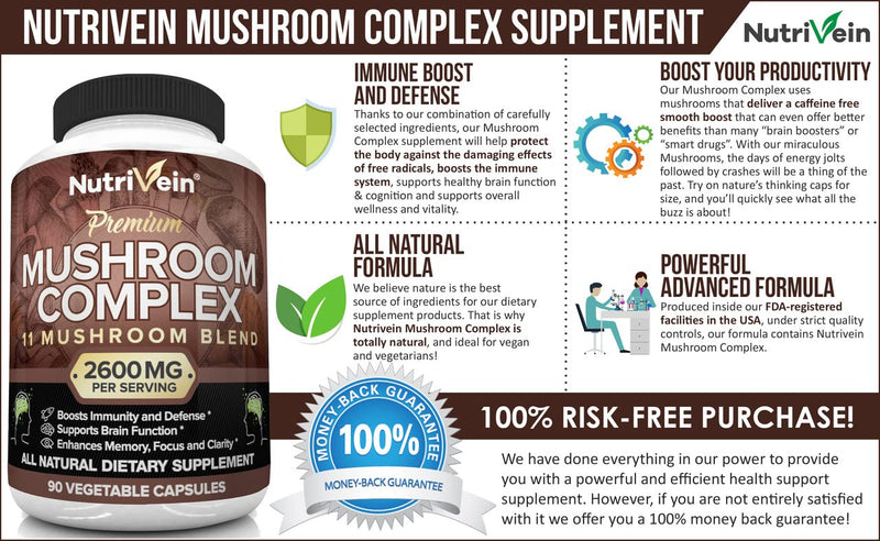 Nutrivein Mushroom Supplement - 2600mg - 90 Capsules - 11 Organic Mushrooms - Lions Mane, Cordyceps, Chaga, Reishi, Turkey Tail, Maitake, Shiitake, Agaricus, White Button, Oyster - Nootropic Complex - NewNest Australia