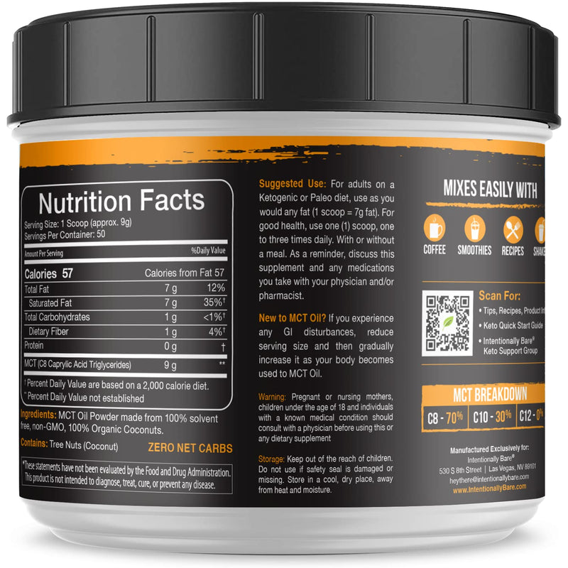 Organic MCT Oil Powder - Zero Net Carbs - No Grit Formula - Keto - Paleo - Vegan Friendly - 70% C8 - 30% C10 - Excellent in Shakes - Smoothies & Coffee - Unflavored - 50 Servings - NewNest Australia
