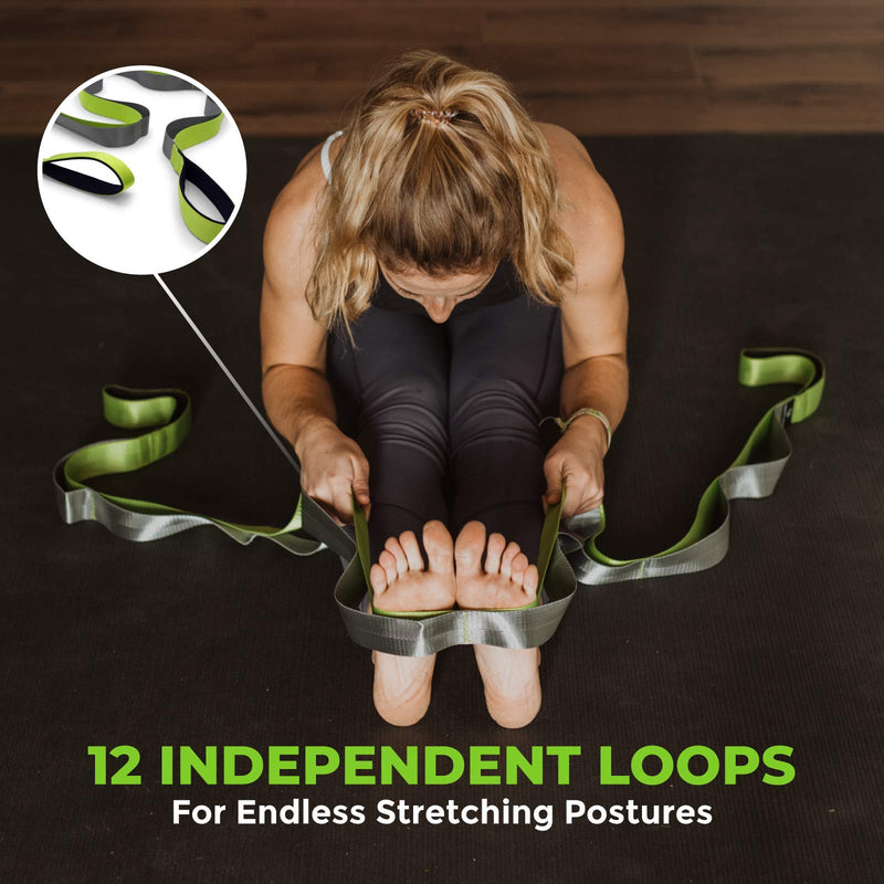 Gradient Fitness Stretching Strap, Premium Quality Multi-Loop Strap, Neoprene Padded Handles, 12 Loops, 1.5" W x 8' L Green/Grey - NewNest Australia