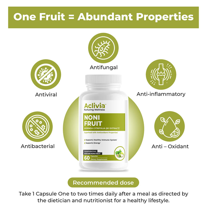 Aclivia Noni Fruit Capsules – Immune Support Supplement, Antioxidant Superfood Energy Booster, Promotes Healthier Skin, Hair & Nails, Joints & Brain Support, 4000mg Morinda citrifolia Extract Capsules - NewNest Australia