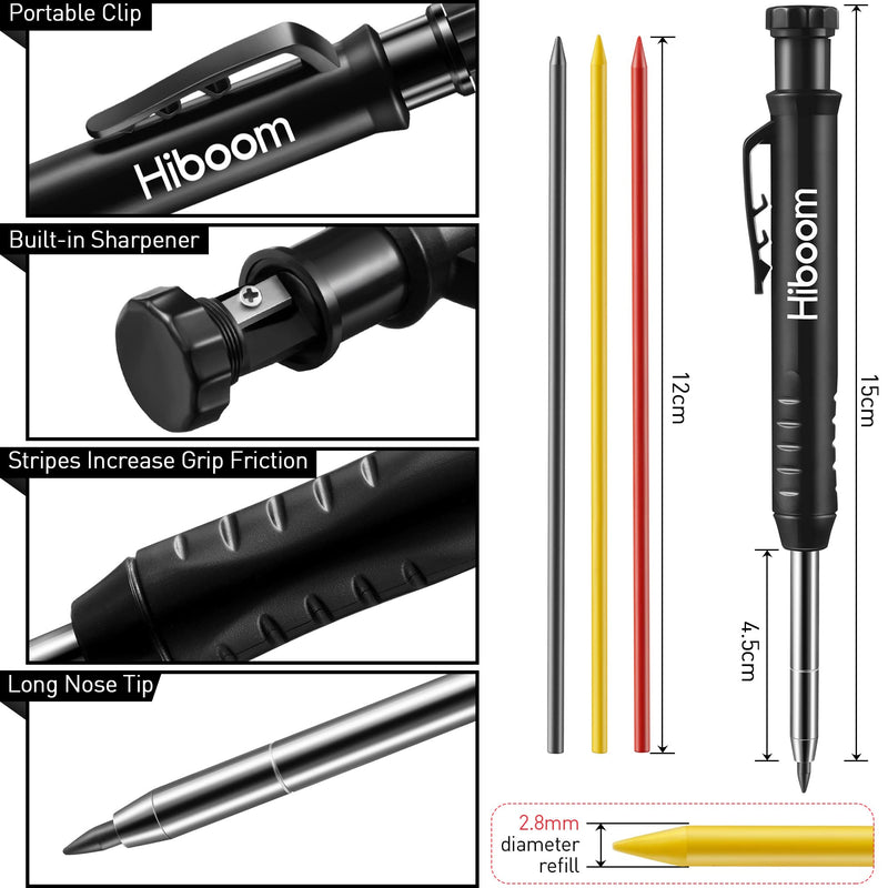 Hiboom Solid 5 Pcs Carpenter Pencils with 30 Pcs 2.8mm Refills, Long Nosed Deep Hole Tip Mechanical Hole Marker with Built in Sharpener for Woodworking Drafting Architect Construction - NewNest Australia