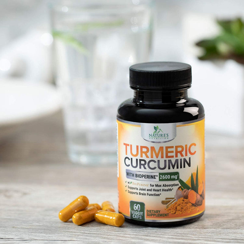 Turmeric Curcumin with Bioperine 95% Curcuminoids 2600mg with Black Pepper for Best Absorption, Made in USA, Best Vegan Joint Support, Turmeric Supplement Pills by Natures Nutrition - 60 Capsules 60 Count (Pack of 1) - NewNest Australia