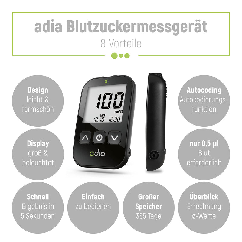 Adia Diabetes Starter Kit Includes Blood Glucose Monitor (Mg/Dl) With 110 Blood Glucose Test Strips, Lancing Aid And Lancets - Easy Self Control For Diabetes - NewNest Australia