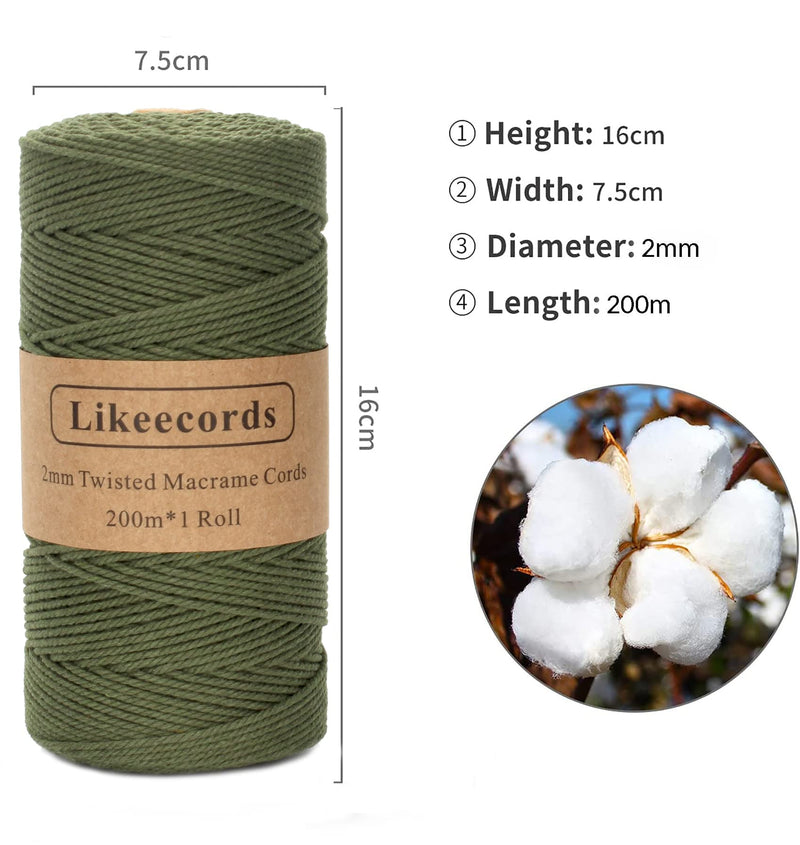 Macrame Cord,2mm x 219yard Cotton Twine String Cord,Natural White Cotton Rope Craft String for DIY Knitting Plant Hangers Christmas Wedding Décor ArmyGreen 2mm*219yards - NewNest Australia