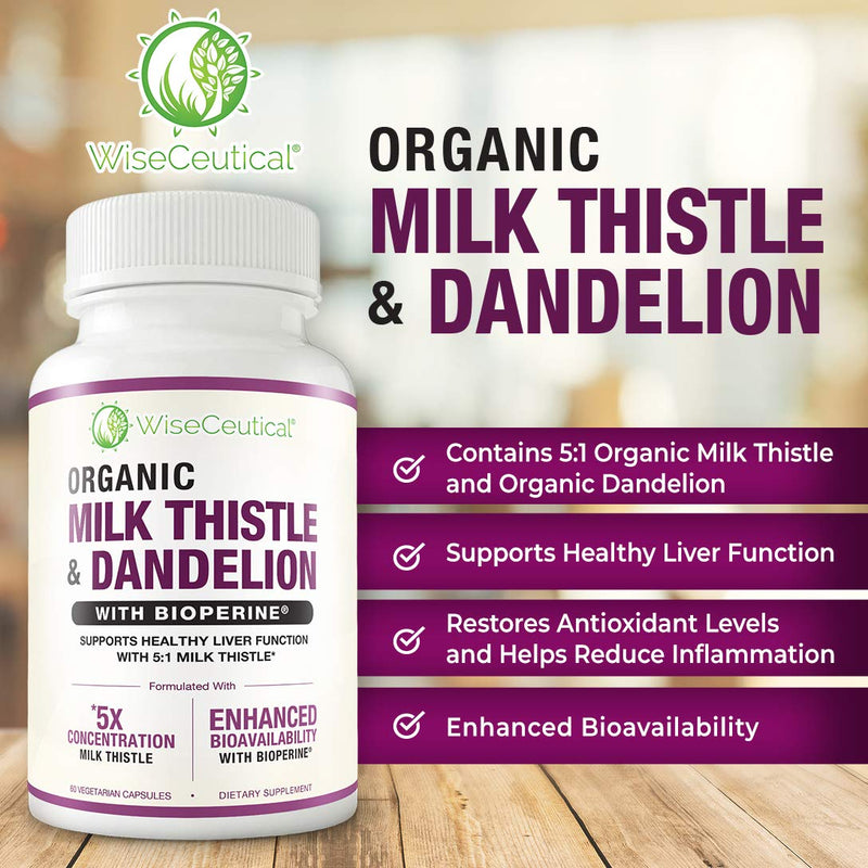 Max Absorption Organic Milk Thistle (Strongest 5:1 Concentrated Extract) & Organic Dandelion Root with BioPerine | Healthy Liver Support Detox Cleanse. 60 Veggie Capsules. - NewNest Australia