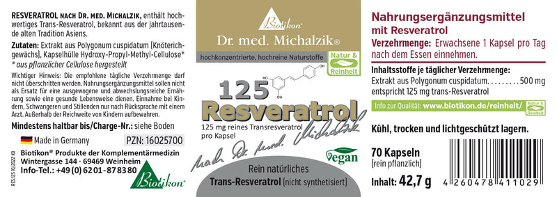 Resveratrol 125 Dr. med. Michalzik - Trans-Resveratrol from Polygonum cuspidatum extract - Japanese knotweed root extract 500 mg - without additives - from BIOTIKON® - NewNest Australia