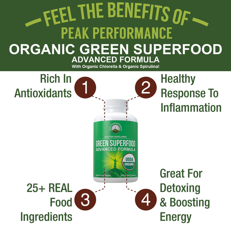 Organic Super Greens 150 Capsules - Green Juice Superfood Supplement with 25 All Natural Organic Ingredients. Max Energy and Detox Super Food Pills with Spirulina, Spinach, Kale, Turmeric, Probiotics - NewNest Australia