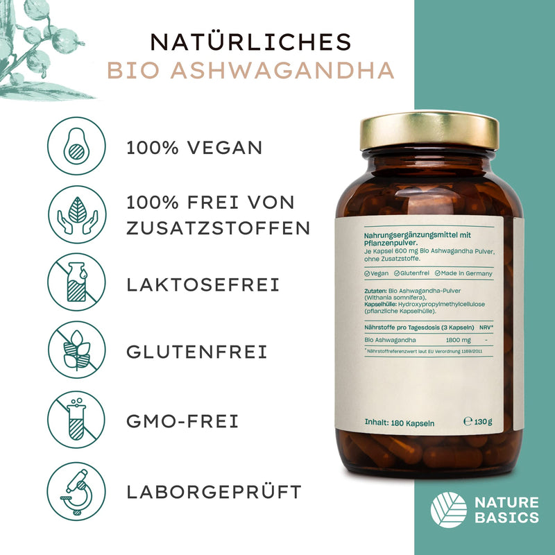 Nature Basics Organic Ashwagandha Certified & Sustainable In Glass | 180 Capsules High Dose & Pure | 750Mg Per Capsule & 3,000Mg Per Daily Dose | Ayurveda Dietary Supplement | Laboratory Tested & Co2 Neutral - NewNest Australia