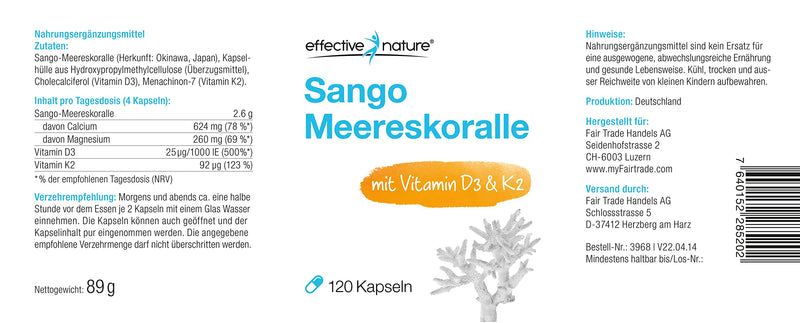 effective nature Sango sea coral + vitamin D3 & K2-120 capsules - with calcium & magnesium in the optimal ratio 2:1 - high dosage & vegan - nutritional supplement for bones & acid-base balance - NewNest Australia