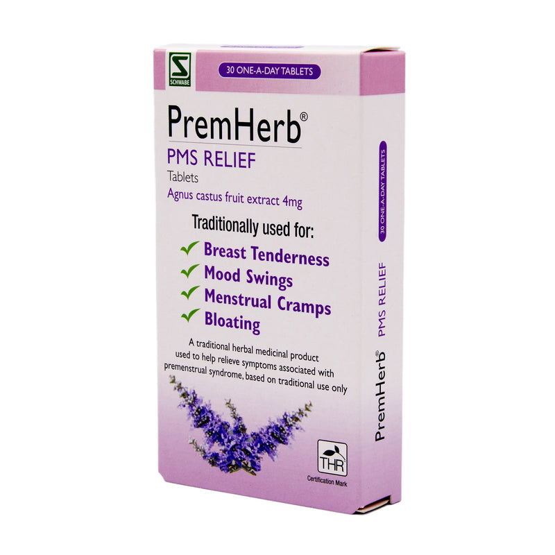 Schwabe Pharma - Premherb PMS Relief - Agnus Castus Fruit Extract 4mg - Traditionally Used for Relief of Breast Tenderness, Mood Swings, Menstrual Cramps, Bloating - 30 Tablets - NewNest Australia