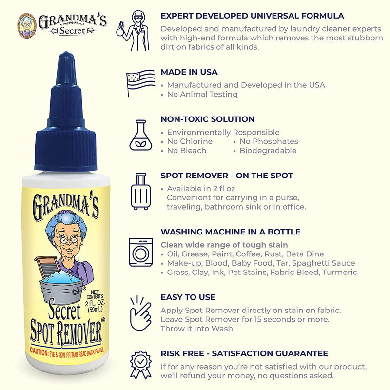 Grandma's Secret Spot Remover - Chlorine, Bleach and Toxin-Free Stain Remover - Stain Remover for Clothes - Fabric Stain Remover Removes Oil, Paint, Blood and Pet Stains – 2 Ounce, Pack of 2 2 Fl Oz (Pack of 2) - NewNest Australia