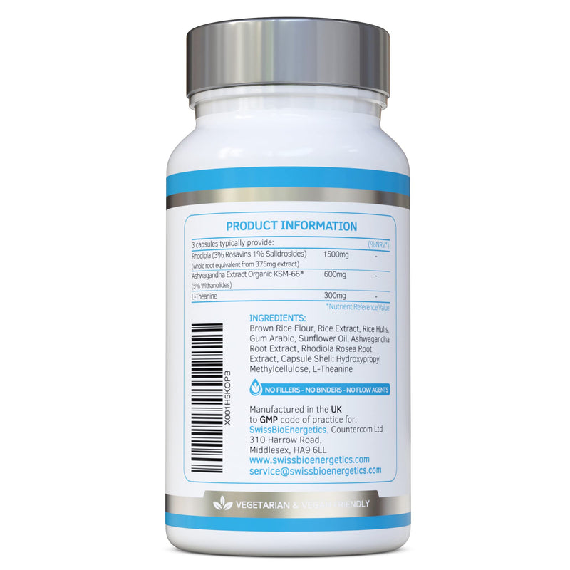 Rhodiola & Ashwagandha with L-Theanine - Award Winning Ashwagandha KSM-66 600mg & 1500mg Rhodiola (3% Rosavins - 1% Salidrosides) whole root equivalent- adaptogen combo- No artificial fillers- UK Made - NewNest Australia